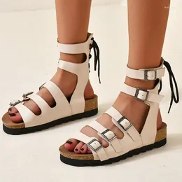 Muil-Buckle Strap Sandals 4337 Design Open Toe Back Lace-Up Punk Goth Casual Girls Shoes Stylish Size 43 Fisherman Beach Women Flat