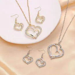 Necklace Earrings Set Korean Style Double Love Heart Pendent Drop Luxury Rhinestone Women Dangle Jewelry Gift