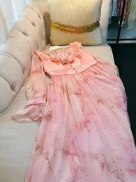 2023 Summer Pink Hearts Panelled Chiffon Lace Dress Long Sleeve V-Neck Ruffled Midi Casual Dresses C3L127842