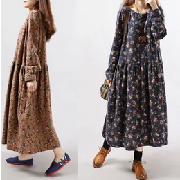Qnpqyx nova moda feminina vintage vestidos de outono vestido de impressão floral manga longa o pescoço bolsos soltos vestidos casuais roupas femininas