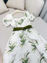 2023 Summer Green Floral Print Belted Jacquard Dress Short Sleeve Square Neck Panelled Midi Casual Dresses J3L127332