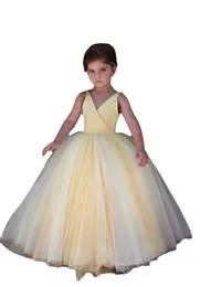 Söta gula blommorflickor klänningar satin tyllband är ärmlösa barn formell slitage pageant prinsessa födelsedagsfest boll klänning