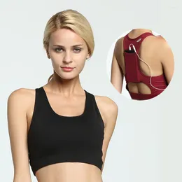 Roupa de ioga feminina sutiã esportivo correndo atrás telefone bolso música acolchoado tops de fitness tanque ciclismo treino sujetador esportivo