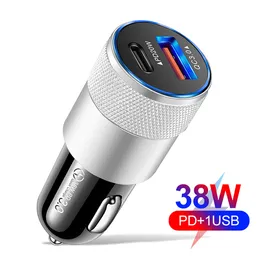 Dual Ports 38W QC3.0 and PD Quick Charger USB Type C Car Charger Cellphone Adapter For iPhone Samsung Huawei Xiaomi with OPP bag