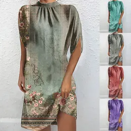 Drukowanie okrągła szyi Krótkocześnie koszula nietoperzowa dla kobiet Summer Casual Vintage Ethnic Bohemian Sundress Pullover Beach