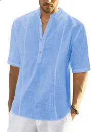 Mäns T-shirts 2023 Nya mäns korta ärm i Pullover Cotton Linen Skjorta Bekväm avslappnad stor stående krage Skjorta Foreign Trade Men's Top