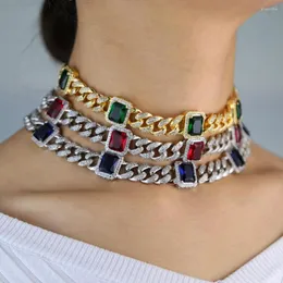 Chains 2023 Iced Out Hip Hop Dainty Miami Cuban Crystal Necklace Filled Green Blue Red Pink Baguette Cubic Zirconia