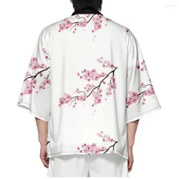 Ubranie etniczne Summer Pink Peach Blossom Drukuj biały luźne swetra japońskie tradycyjne kimono kobiety mężczyźni na plaży haori koszule duże topy