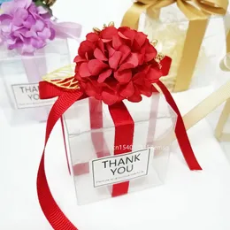 Gift Wrap 50pcslot Flower Candy Box Romantic Ribbon PVC Transparent Packaging Box Wedding Favors for Gäster Floral Party Present Bag Boxes 230614