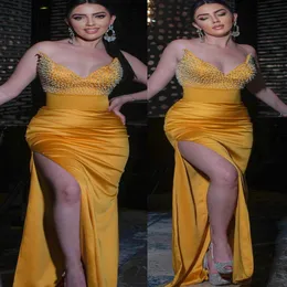 2023 Aso Ebi Yellow Mermaid Prom Dress Beaded Satin Evening Formal Party Second Reception Birthday Bridesmaid Engagement Gowns Dresses Robe De Soiree ZJ385