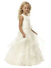 A Line Scoop Ivory Organza Girls Pageant Dresses Floor Length Flower Belt Kids Formal Wear For Wedding