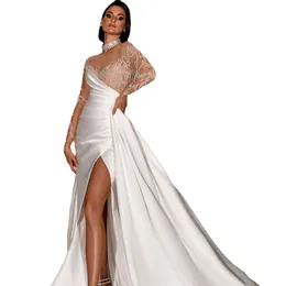 Белое с длинным рукавом сексуальное v Neck свадебное свадебное платье кружевное краевая часовня