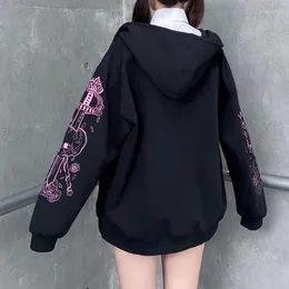 Vrouwen Hoodies Harajuku Zip Up Vrouwen Punk Goth Lange Mouwen Gedrukt Sweatshirt Herfst Streetwear Oversized Zwarte Vrouwelijke Hoodie Jas