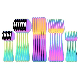 Dinnerware Sets 630Pcs Rainbow Dinnerware Stainless Steel Cutlery Set Knife Cake Fork Spoon Dinner Flatware Set Kitchen Silverware Tableware 230614