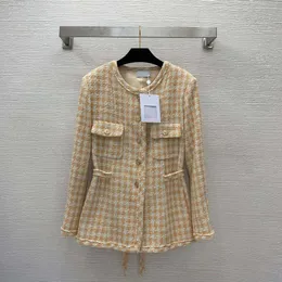 23ss jaqueta feminina roupas de grife feminina contraste xadrez tweed forro de camélia temperamento estilo feminino rendas gola redonda casaco de manga longa roupas femininas