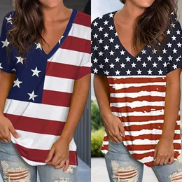 Women's T Shirts Summer Independence Day Personality T-shirt V-Neck Stars Stripes Print Ladies Top Fashion Casual Side Split Female Tops