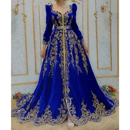 Royal Blue Long Sleeves Evening Dresses Marockan Kaftan Formal Party Prom Gowns Gold Lace Applicques Algerian Outfits Karakou