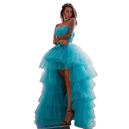 High Low Tiered Tulle Homecoming Dresses with Detachable Train Strapless Ball Gown Prom Dress 2 Pieces Layered Skirt Graduation Party Gowns