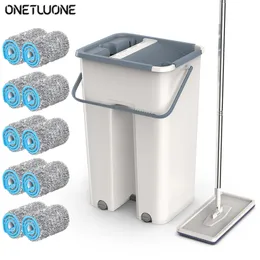 Esfregonas Conjunto de esfregonas de chão Mop de rotação automática Pano de esfregão substituível Hand-free Wash Mop Flat Squeeze Magic Household Kitchen Ferramentas de limpeza 230614