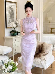 Sukienki swobodne 2023 Celebryty Słodki Temperament Sexy dla kobiet Purple perspektywa Lace Hook Flower Hollow Slim Fit Slit Robe Kobieta