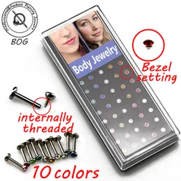 Labret Lip Piercing Jewelry 40 PCS Внутренняя нить 16G Стальная стальная шпилька Tragus Cartilage Rolix Conging с 2 мм M Cz Gem 230614