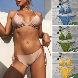 Kvinnors badkläder 2 st/set strandbikini set halter nacke vadderad spetsar upp trådlös rygglös simning trepointed spaghetti rand kvinnor