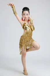 Scen Wear Paillette Girls Latin Dance Dress for Competition Child Costume Tassel Modern Tango Standard Bralloom 89