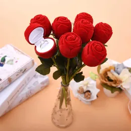 New 1pc Valentine Day Gift Box Romantic Rose Ring Box Flower Flocking Holder Velvet Wedding Propose Engagement Packing Jewelry Case