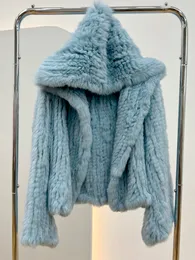 Women' Blends Autumn Winter Women Real Rabbit Fur Coat 100 Natural Jacket Loose Manual Weave Quality Streetwear Hooded Flare Sleeves 230615