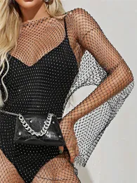 Temel gündelik elbiseler seksi kadınlar parlak rhinestones elbise fishnet kesim uzun kollu elbise kulüp mayo bikini kapak sokak kıyafetleri 230615