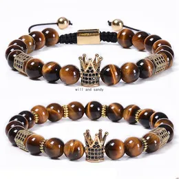 Beaded Tiger Eye Crown Bracelet Natural Stone Copper Microinlaid Zircon Diamond Braided Bead Bracelets Women Men Fashion Jewelry Wil Dhi1A