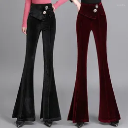 Kvinnor Pants Gold Velvet High midja Big BLAGE Women's Slim Drape Wine Red Byxor Solid Color Elegant Ladies Plus Size