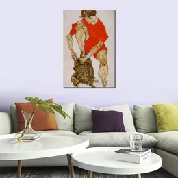 Weibliche Leinwandkunst, weibliches Model in leuchtend roter Jacke und Hose, Egon Schiele, Gemälde, handgefertigtes Kunstwerk, Heimdekoration für Schlafzimmer