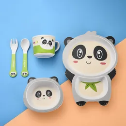 Cups Dishes Utensils Panda Baby Tableware Safety Cartoon Baby Bamboo textile Bowl Fork Cup Spoon Plate Child Feeding Plate Baby Tableware Set 230615