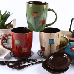 Mugs Creative Hand-painted Square Drum-shaped Coffee Cup Milk With Cover Spoon Office Teacack Ceramic
