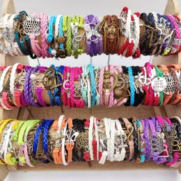 30PcsLot Braided Bracelet Chain Vintage Bohemian Multicolor Leather Bangle Link Rope Multilayer Men Women Adjustable Love Heart Wristband