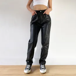 Calças femininas Capris wsevypo Calças retas de couro sintético Outono inverno Moda feminina Calças de botões de cintura alta Calças de poliuretano de cor sólida Streetwear 230615