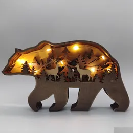 Other Home Decor Wild Bear Christams Deer Craft 3D Laser Cut Wood Material Gift Art Crafts Forest Animal Table Decoration Statues Or Dhebc