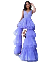 Mode hög låg tyll hemkomstklänningar v halsnivå kjol korta prom klänningar ärmlös billig en linjet party klänning
