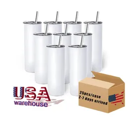 SUCLIMAÇÃO DE SUBLIMAÇÃO DE US/CA SUCLIMAÇÃO DO Tumblers de 20 onças de aço inoxidável canecas retas Tumbler branco com tampas e caneca de presente de transferência de calor de palha 4.23