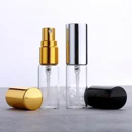 Parfüm şişesi 50pcslot 5ml şeffaf ince cam sprey şişe örnek cam şişeler taşınabilir mini parfüm atomizer altın gümüş kapağı 230615