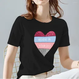 Women's T Shirts T-shirts Women Female Casual O-neck Tops Tee Love Heart Pattern Printing Series Tshirt High Quality Soft Black Lady Short
