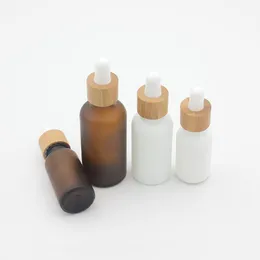 Frosted Amber White Glass Dropper Bottle 15ml 30ml 50ml with Bamboo Cap 1oz Wooden Essential Oil Bottles Ahodp