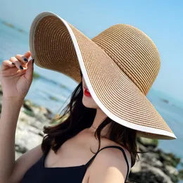 Geniş Memlu Şapkalar Kova Şapkaları HT3074 Büyük Büyük Geniş Kötü Şapka Kadınlar Solid Yaz Güneş Şapkası Bayanlar paketlenebilir disket hasır şapka kadın plaj kapağı kadın kubbe plaj şapkası 230615