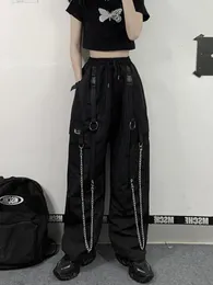 Spodnie damskie Capris Qweek harajuku technologiczne spodnie ładunki kobiety Hip Hop Gothic Oversiase Chain szerokie spodnie Nogą Kobiece emo punkowe srespants Streetwear 230615