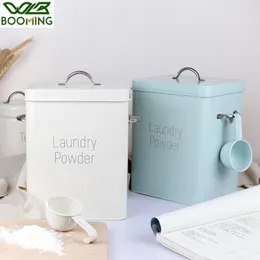 Bottles Jars WBBOOMING 3KG Washing Powder Barrel With Spoon Small Grain Storage Box Household Multifunction Iron Covered Nordic Wind 230615