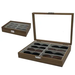 Sunglasses Cases 8 Slots Walnut Wood Glasses Storage Display Box Storage Sunglasses Display Case Organizer Funda Gafas Tela Free Carving 230615