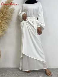 Abbigliamento etnico Ramadan Eid Djellaba Abito musulmano setoso Dubai Fashion Polsino elastico Abaya Abiti a figura intera Abito islamico con cintura WY1383