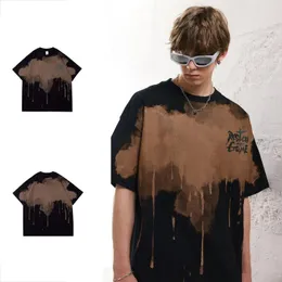 Camisetas masculinas 2023 verão americano High Street Niche National Tide Misty Rainy Night Theme Design T-shirt de manga curta ombro caído