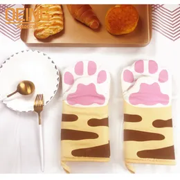 Oven Mitts Nonslip Kitchen Gloves Cartoon Cat Paws Long Cotton Baking Insulation Microwave Heat Resistant 230616